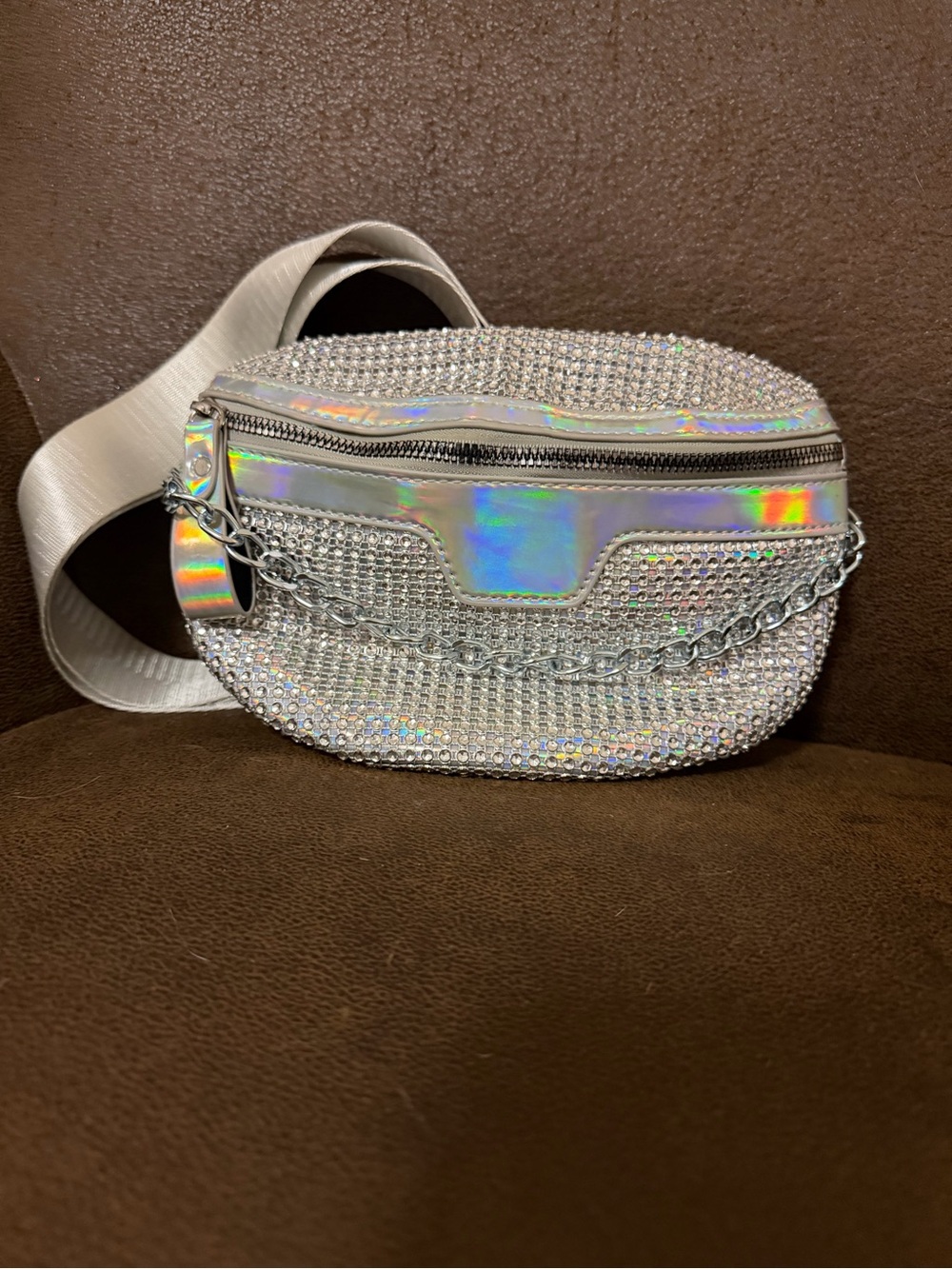 Rhinestone Embellished Silver Holographic Waist Bag / Crossbody